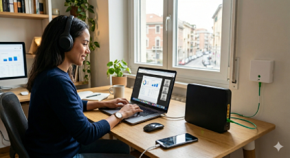 Operatrice al lavoro su connettività fissa per le aziende